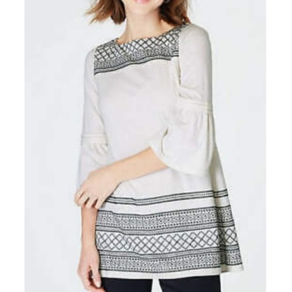 J. Jill | Embroidered Knit Ruffle-Sleeve Tunic Black Ivory | Size MP
